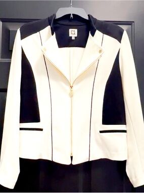 Women's Black & Off White Colorblock Zip Jacket.